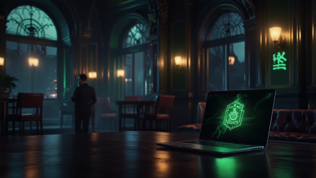 Dunkler Casino-Laptop mit Login-Screen und grünen Lichteffekten
