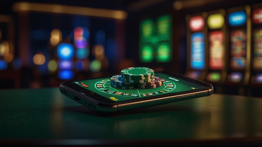 Smartphone installiert eine APK in einer dunklen Casino-Umgebung